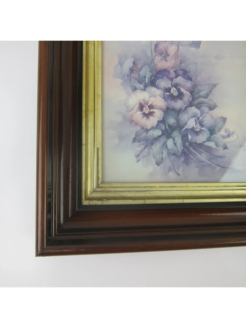 Antique Victorian Deep Picture Frame Wood Gold Gilt Sonie Ames Flower Print